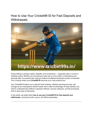 How to Use Your Cricbet99 ID for Fast Deposits and Withdrawals