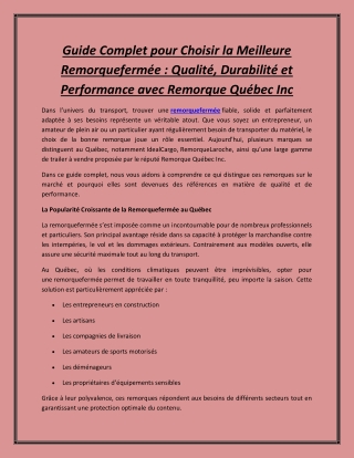 Guide Complet pour Choisir la Meilleure Remorquefermée : Qualité, Durabilité et
