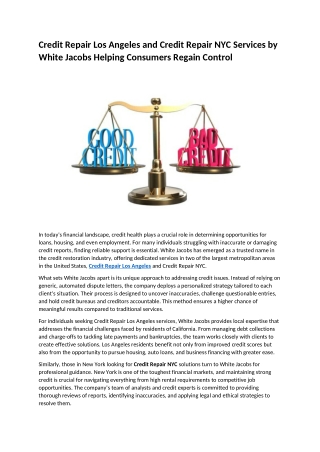 Credit Repair Los Angeles and Credit Repair NYC Services by White Jacobs Helping Consumers Regain Control