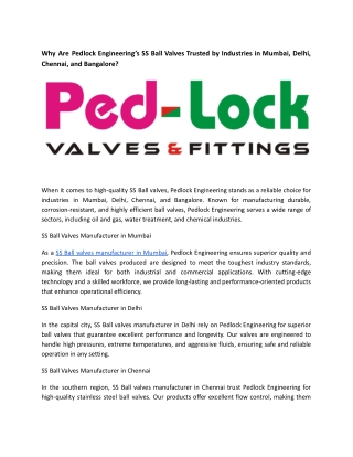 Why Are Pedlock Engineering’s SS Ball Valves Trusted by Industries in india?