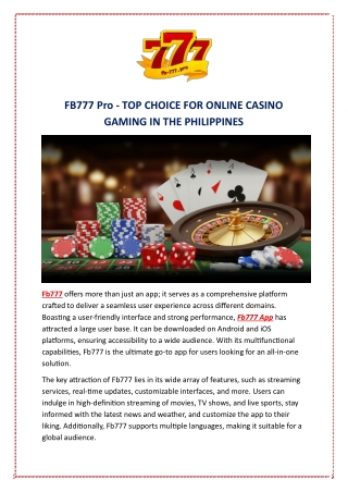FB777 Pro - TOP CHOICE FOR ONLINE CASINO GAMING IN THE PHILIPPINES