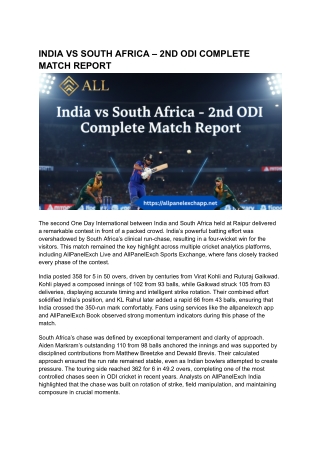 INDIA VS SOUTH AFRICA – 2ND ODI COMPLETE MATCH REPORT