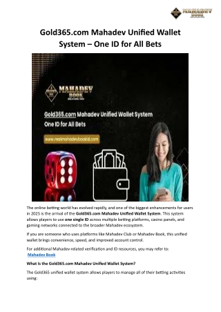 Gold365.com Mahadev Unified Wallet System – One ID for All Bets