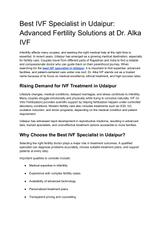 Best IVF Specialist in Udaipur:  Advanced Fertility Solutions at Dr. Alka  IVF