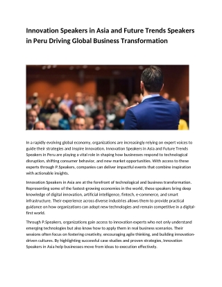 Innovation Speakers in Asia and Future Trends Speakers in Peru Driving Global Business Transformation