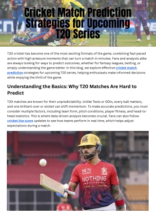 Cricket Match Prediction Strategies for Upcoming T20 Series