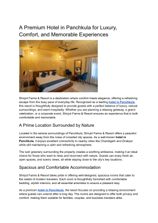 A Premium Hotel in Panchkula for Luxury, Comfort, and Memorable Experiences