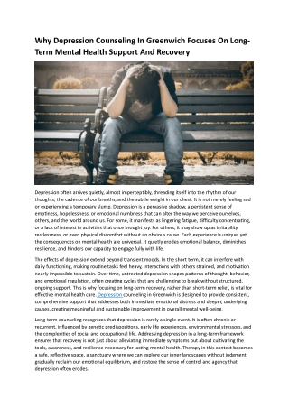 Why Depression Counseling In Greenwich Focuses On Long-Term Mental Health Support And Recovery
