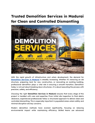Trusted Demolition Services in Madurai for Clean and Controlled Dismantling