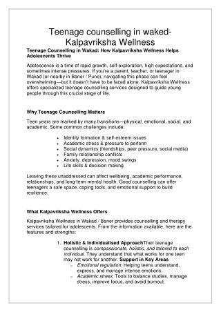Teenage counselling in waked-Kalpavriksha Wellness