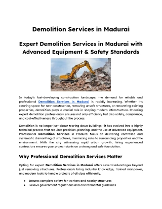 Expert Demolition Services in Madurai with Advanced Equipment & Safety Standards