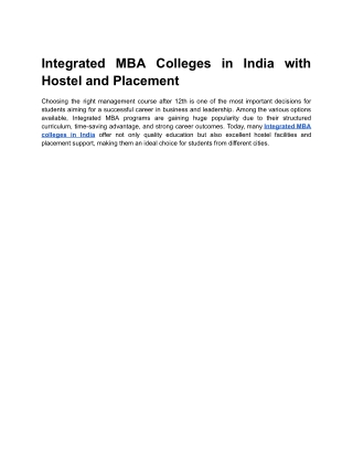 Integrated MBA Colleges in India with Hostel and Placement