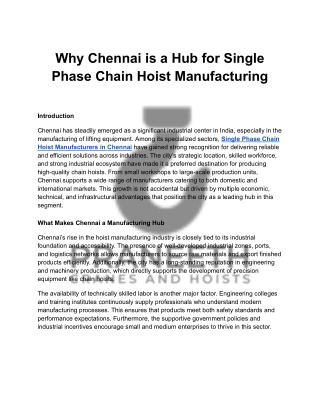 Why Chennai is a Hub for Single Phase Chain Hoist Manufacturing