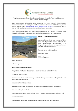 High-Quality Liner for Agriculture Pond for Durable Water Retention | Macro Shee