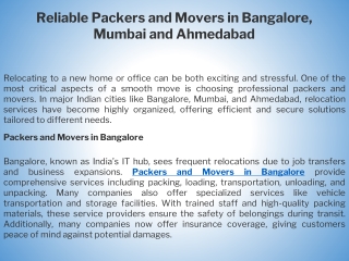 Reliable Packers and Movers in Bangalore, Mumbai and Ahmedabad