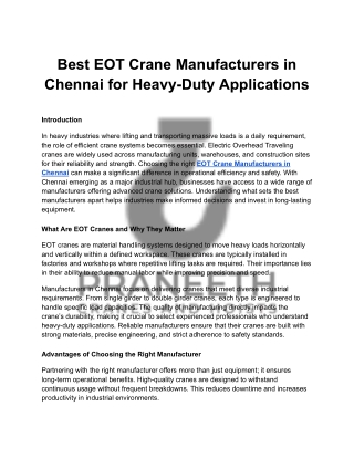Best EOT Crane Manufacturers in Chennai for Heavy-Duty Applications