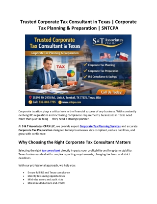 Trusted Corporate Tax Consultant in Texas - Corporate Tax Planning & Preparation - SNTCPA