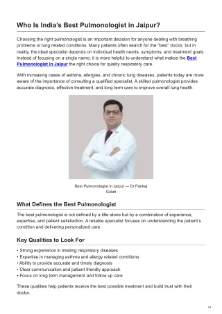 Who Is Indias Best Pulmonologist in Jaipur