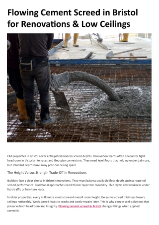 Flowing Cement Screed in Bristol for Renovations & Low Ceilings