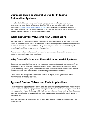 Control Valves Manufacturer in China