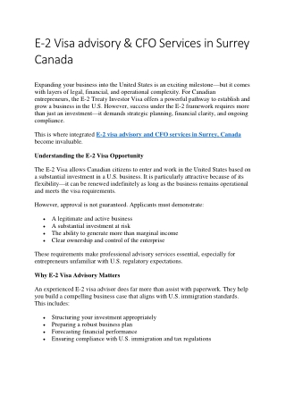 E-2 Visa advisory & CFO Services in Surrey Canada