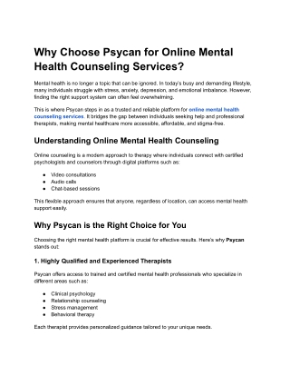 Why Choose Psycan for Online Mental Health Counseling Services