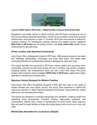 Luxury 4 BHK Flats in KR Puram – Redefine Elite Living at Arsis Green Hills
