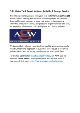 Cold Water Tank Repair Yatton – Reliable & Prompt Service