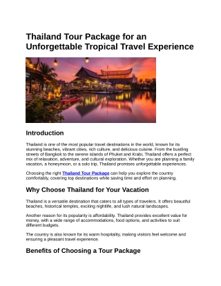 Thailand Tour Package for Beaches Culture and Adventure Trips