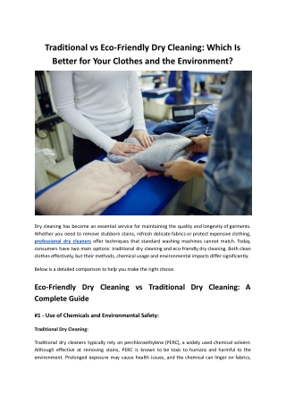 Traditional vs Eco-Friendly Dry Cleaning Service: Which Is Better?