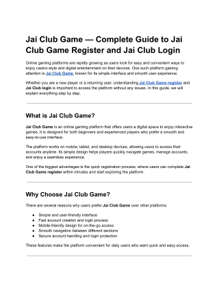 Jai Club Game — Complete Guide to Jai Club Game Register and Jai Club Login