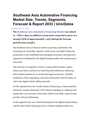 Southeast Asia Automotive Financing Market Size, Trends, Segments, Forecast & Re