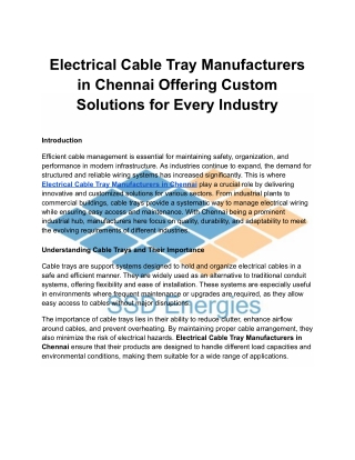 Electrical Cable Tray Manufacturers in Chennai Offering Custom Solutions
