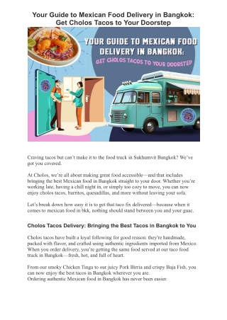 Your Guide to Mexican Food Delivery in Bangkok: Get Cholos Tacos to Your Doorste