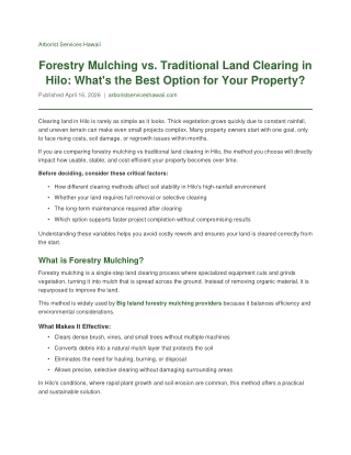 Forestry Mulching vs. Traditional Land Clearing in Hilo: What's the Best Option