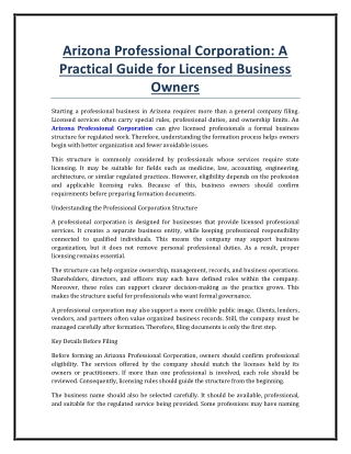 Arizona Professional Corporation A Practical Guide for Licensed Business Owners