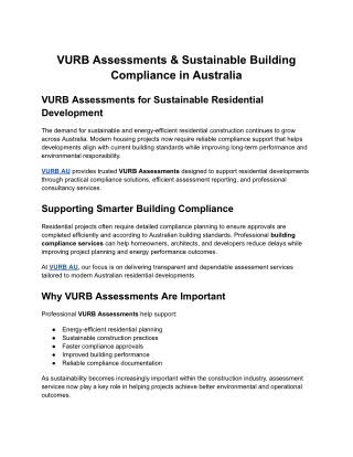 VURB Assessments & Sustainable Building Compliance in Australia