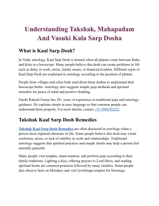 Understanding Takshak, Mahapadam And Vasuki Kala Sarp Dosha