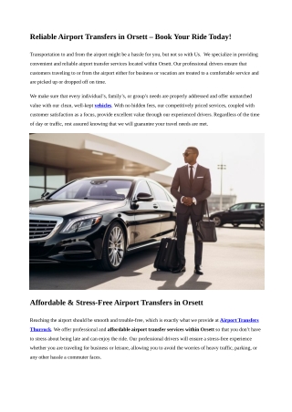 Airport Transfers Orsett & Near By Areas