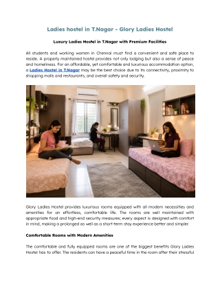 Luxury Ladies Hostel in T.Nagar with Premium Facilities