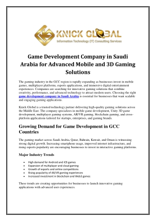 Game Development Company in Saudi Arabia for Advanced Mobile and 3D Gaming Solut