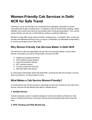 Women-Friendly Cab Services in Delhi NCR for Safe Travel