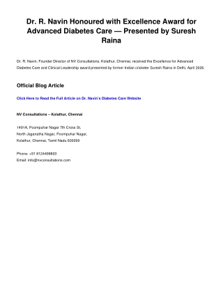 Dr. R. Navin Honoured with Excellence Award for Advanced Diabetes Care — Present