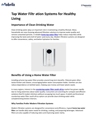 Tap Water Filtr ation Systems for Healthy Living