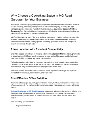 Why Choose a Coworking Space in MG Road Gurugram for Your Business