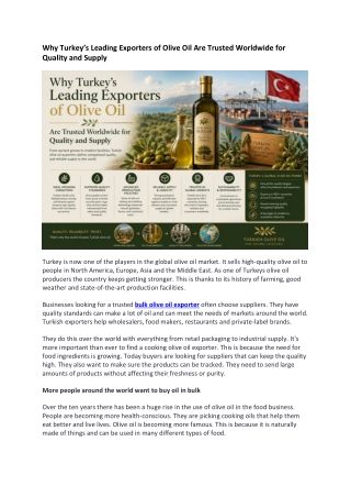 Why Turkey’s Leading Exporters of Olive Oil Are Trusted Worldwide for Quality and Supply
