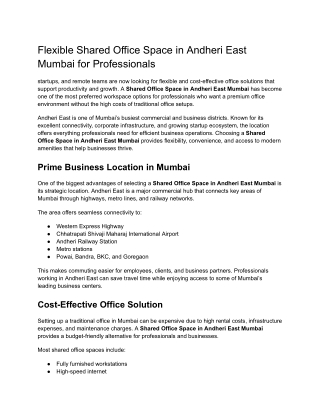 Flexible Shared Office Space in Andheri East Mumbai for Professionals