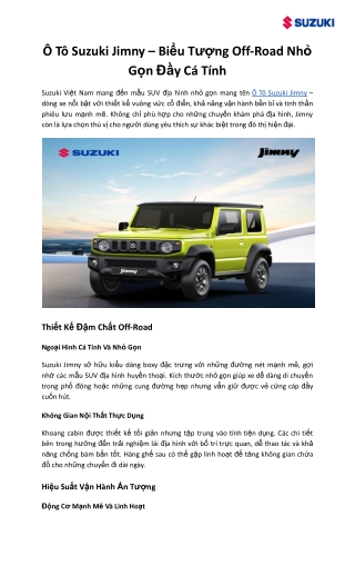 Ô Tô Suzuki Jimny – Biểu Tượng Off-Road Nhỏ Gọn Đầy Cá Tính