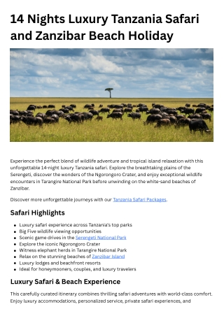 14 Nights Luxury Tanzania Safari and Zanzibar Beach Holiday