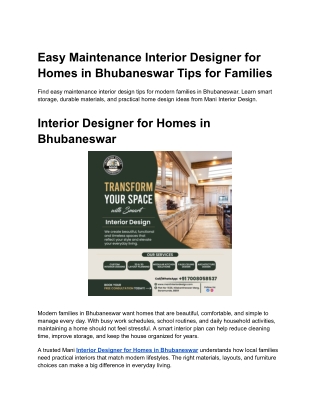 Easy Maintenance Interior Designer for Homes in Bhubaneswar Tips for Families